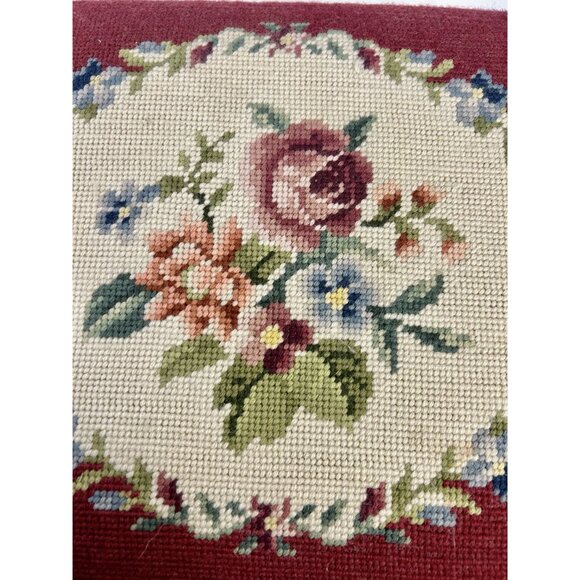 Mahogany Footstool Floral Needlepoint Cushion Foot Rest Vintage Flowers Burgandy - Picture 7 of 16